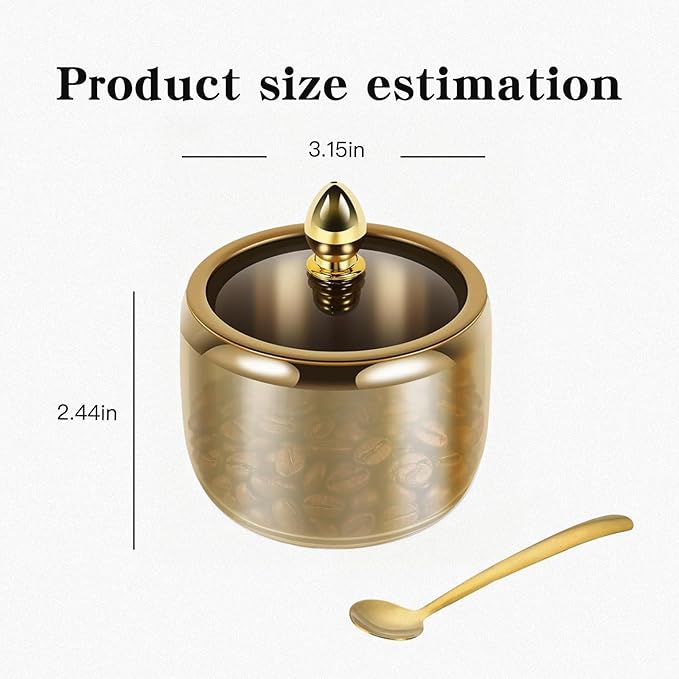 Sugar Bowl with Lid and Spoon - 10oz Gold Stainless Steel Sugar Container, Coffee Bar Accessory for Kitchen & Home, Stores Salt & Candy