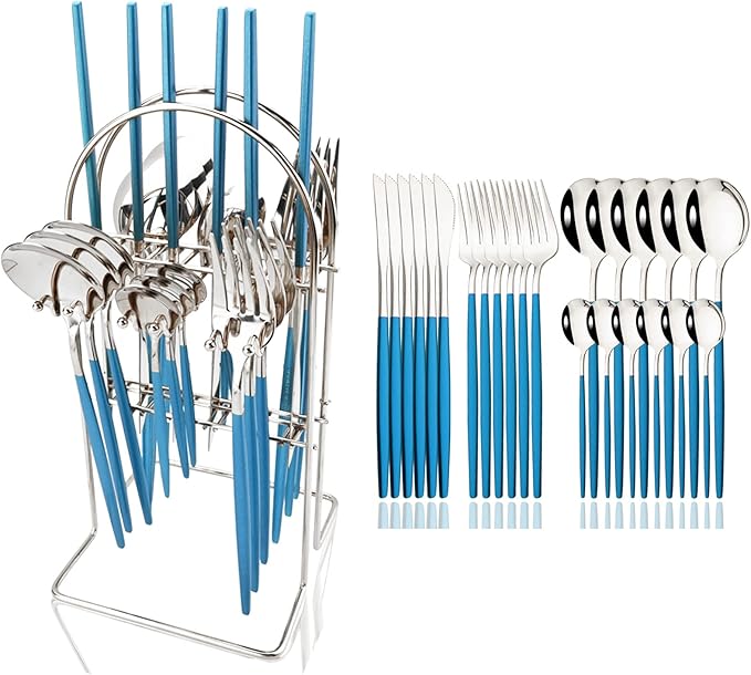 JASHII Hanging Flatware Set Include Knife Fork Spoon Teaspoon and Stand, 24pcs Stainless Steel Utensils Set Service for 6,Modern Design & Mirror Polished, Dishwasher Safe - Blue Silver