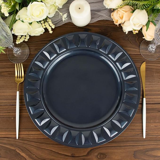 Efavormart 6 Pack | 13" Navy Blue Round Bejeweled Rim Plastic Dinner Serving Trays, Disposable Charger Plates