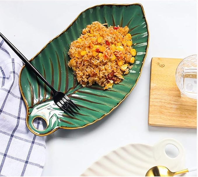 SHINING Appetizer Plates Ceramic Leaf Shape Porcelain Saucers Bowl Sauce Dishes Sushi Dinnerware (Green)