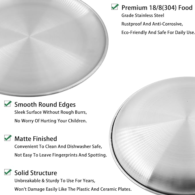 304 Stainless Steel Plates,Silver Round Dinner Dishes,Feeding Serving Camping Plates,Reusable Dinner Plates,Durable Metal Plates, Double Walled Plates for Picnic BBQ Steak 2, 23cm/9.06''