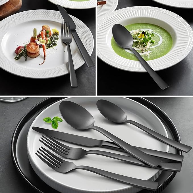 20-Piece Matte Black Silverware Set, E-far Stainless Steel Flatware Set Service for 4, Metal Cutlery Eating Utensils Tableware Includes Forks/Spoons/Knives, Square Edge