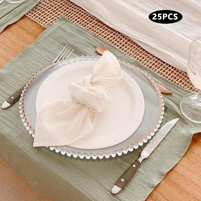 25 Pcs Clear Acrylic Round Charger Plates With Beaded Rim Plastic Charger Plate Bulk for Dinner Table Plate for Parties Wedding Décor Placemats,13in (25pcs-Pink-1)