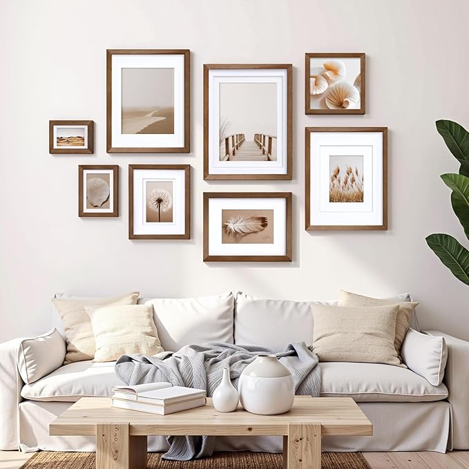 Egofine 8x10 Picture Frames Set of 4, Made of Solid Wood Covered by Plexiglass 4x6 and 5x7 with Mat or 8x10 without Mat, for Table Top Display and Wall Mounting Photo Frame,Walnut Brown