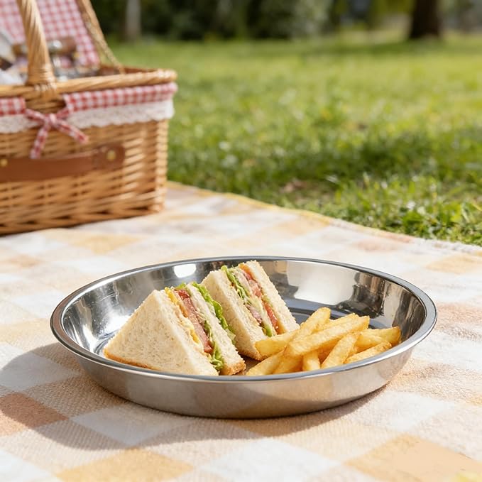 Stainless Steel Dessert Appetizer Plates, Round Lunch Plates, Small Serving Camping Salad Plate for Outdoor Camping, Pack of 4