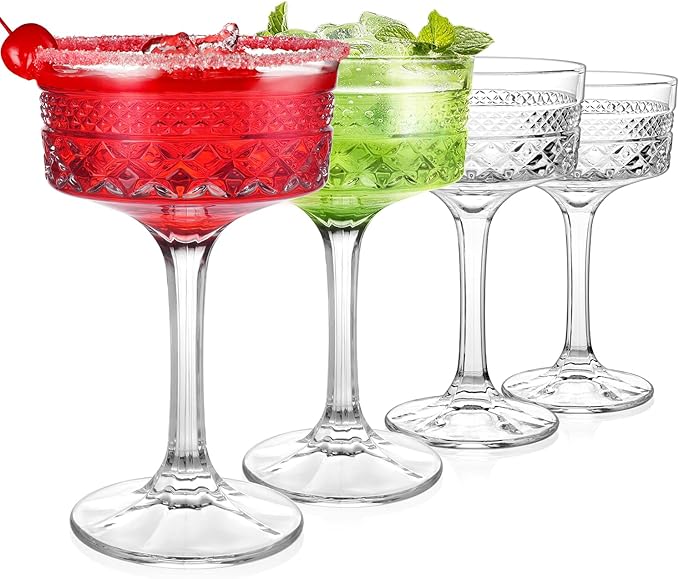 Whisquor 4Pcs Coupe Glasses, 10oz Vintage Martini Glasses Set, Lead-free Crystal Coupe Cocktail Glass, Martini Glassware for Espresso, Champagne, Cosmopolitan, Manhattan