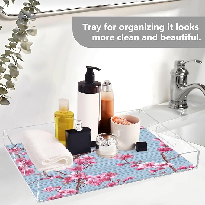 Serving Tray with Handles Clear Acrylic Tray 12x16 Inch Decorative Rectangular Tray Organizer for Ottoman Coffee Table Bathroom Blue Stripes Cherry Blossom