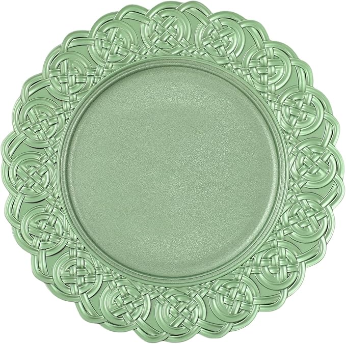 100 Pcs Antique Charger Plates Bulk 13 Inch Embossed Rim Plastic Party Dinner Plate Chargers Round Decorative Server Plate for Wedding Party Event Tableware (100pcs-green)