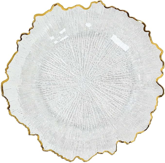 13" Charger Plates - Set of 24 - Acrylic Clear/Gold Round Reef Disposable Chargers, Ideal for Dinner Party Wedding Holiday Bulk Events