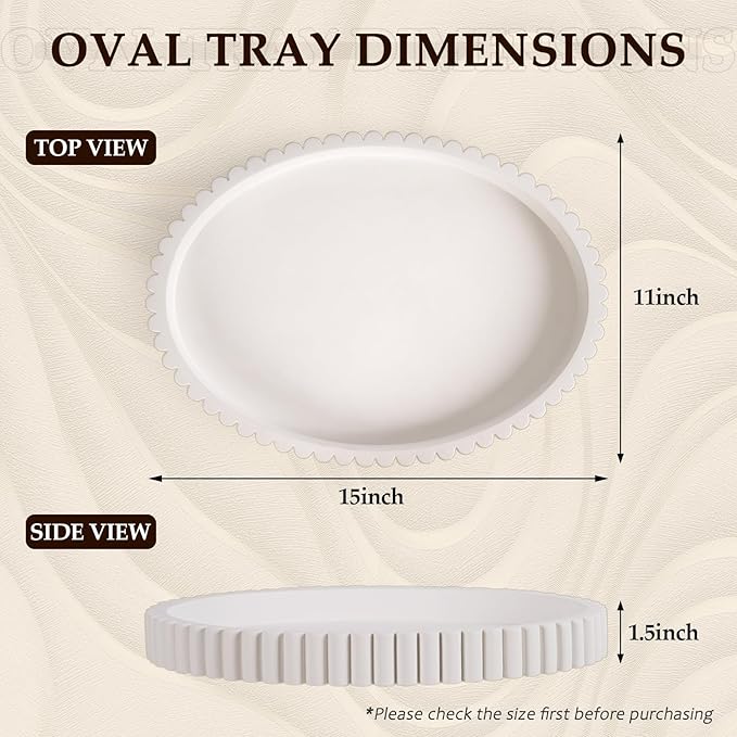 Oval Tray for Coffee Table Decor, 15" Concrete Tray, Table Centerpieces Decorative Trays for Home Decor, Modern Decorative Trays for Coffee Tables, Centerpiece Trays, White