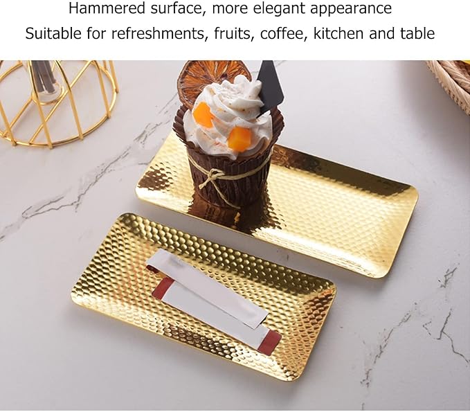 Stainless Steel Rectangle Tray, Gold Hammered Decorative Luxe Serving Platter and Platters for Appetizers, Desserts & Home to Hotel Decor ﻿