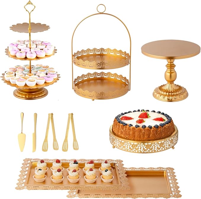 ROVSUN 10PCS Gold Dessert Table Display Set, Metal Cake Stand Set, Round Pedestal Tiered Cupcake Holder Fruit Candy Plate Serving Tower Tray Platter for Birthday Party Wedding Baby Shower Anniversary