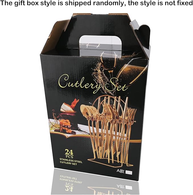 JASHII 24-piece Forks and Spoons Silverware Set with Stand, Metal Tableware Cutlery Set Titanium Black and Golden Plated Stainless Steel Flatware Set,Service for 6,Mirror Polished