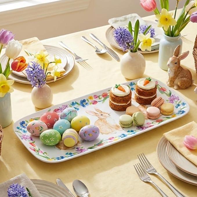 UPware Easter Bunny Melamine Serving Tray, 15 x 6.5 Inch Rectangular Serving Platter, BPA Free Food Tray for Party Entertaining