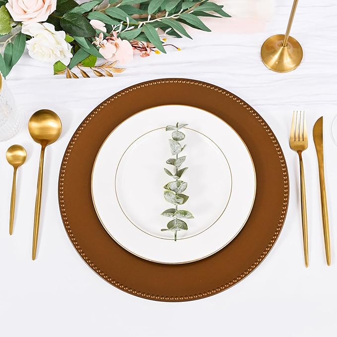 24 Pcs Brown Charger Plates Bulk, 13" Round Beaded Plate for Dinner, Decorative Plastic Table Chargers for Wedding, Holiday Party, Baby Shower, Event Decoration (Brown)