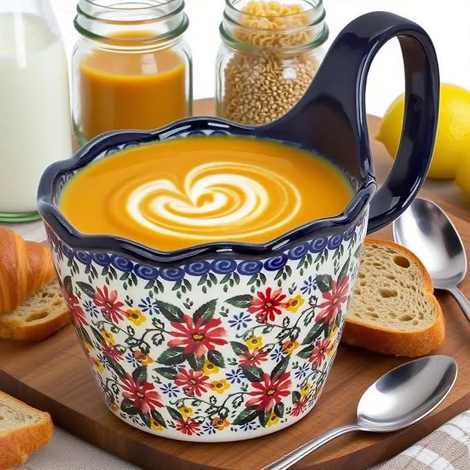 OZY Handpainted Soup Bowl with Handle,Ceramic Cereal Bowl Great for Soup, Ice cream, Fruits,Snack,Microwave &Dishwasher Safe (Daisy)
