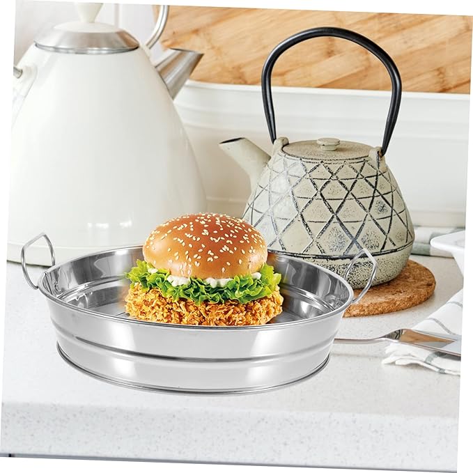 IMIKEYA Snack Serving Tray Handles Round Stainless Steel Plate Dish Buffet Decor