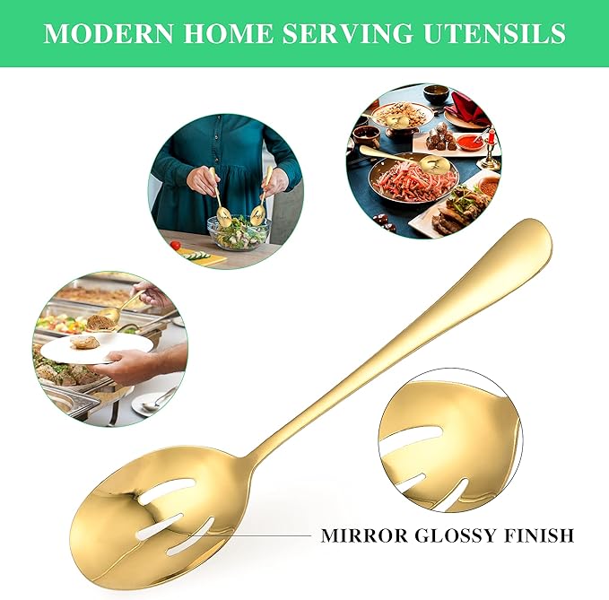 20.99 Worldity 10 Pieces Stainless Steel Flatware Serving Utensils Large Serving Spoon Set Multipurpose Gold Serving Utensils for Home Restaurant Party Dishwasher Safe Gold