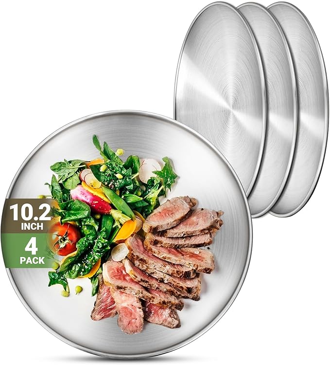 Metal Dinner Plate, 4 Pack 10.2 inch 304(18/8) Stainless Steel Plates, Reusable lunch salad Pizza BBQ Food Serving Snack Eating Dishes Round Shatterproof Plate Silver Dinnerware Oven Safe