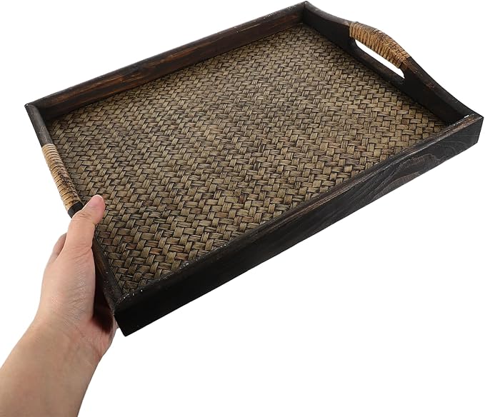 Large Rectangular Wood Tea Tray with Raised Handles, Southeast Asian Style Rattan Woven Serving Tray for Tea Room, Dessert, Fruit Bread, and Beverage Display