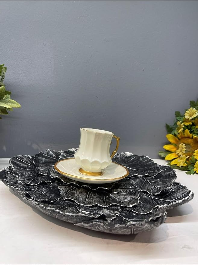 Leaf Shaped Serving Tray Decorative Polyester Silver and Black Antique Finish Abstract Home Decor, 12x10 Inch - Silver and Black Antique, One Size