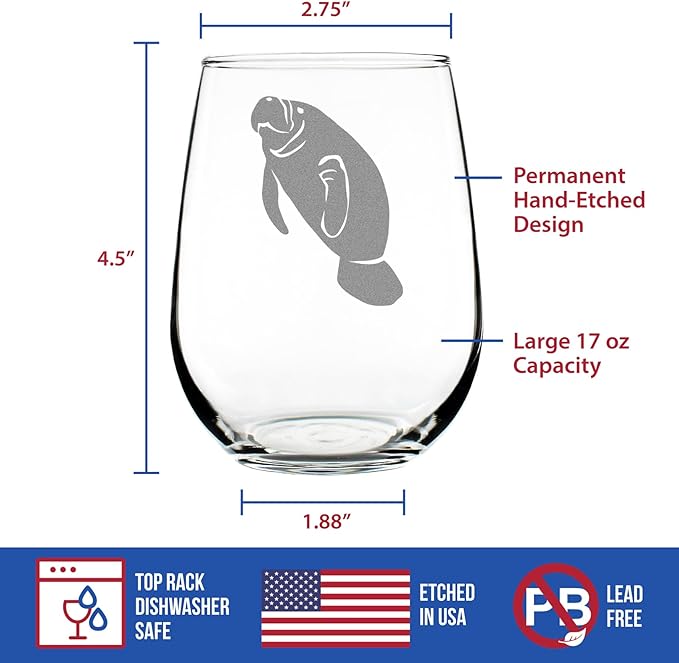 Custom Manatee Personalized Stemless Wine Glass - Funny Ocean Animals Themed Decor and Gifts for Sea Creature Lovers - Large 17 Oz - Customized Wine Glass Gift
