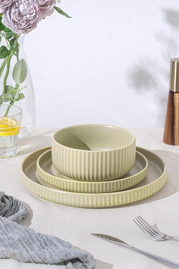 Dinnerware Sets for 4,Microwave Safe Plates and Bowls Sets,12 Piece Dylan Dish Set,Reactive Glaze Stoneware Dinnerware Set (Matte Reactive Glaze-Sage Green, Service for 4 (12pcs))