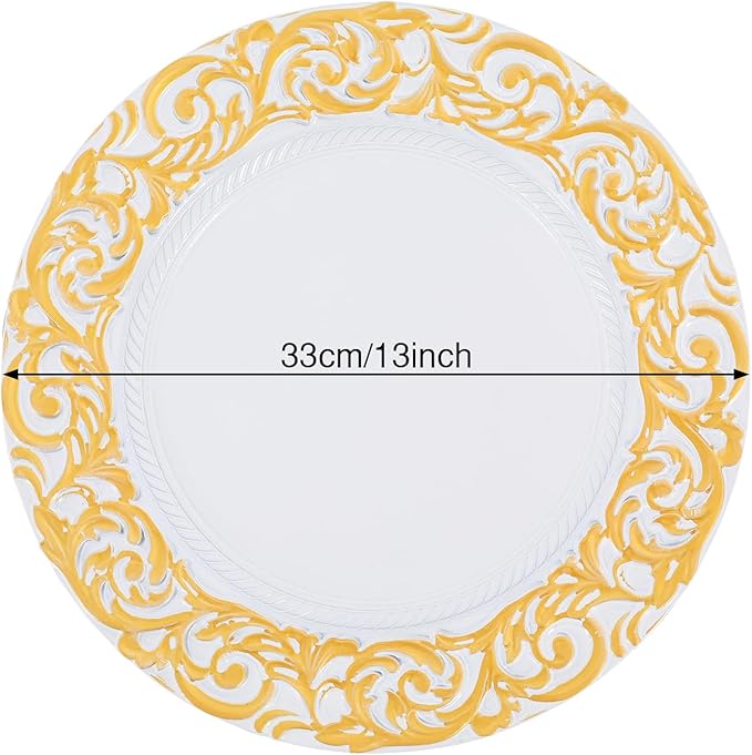 50 Pcs Antique Charger Plates Bulk 13" Round Floral Chargers for Dinner Plates, White Charger Plates for Wedding, Party, Elegant Tabletop Decor (White+Gold)