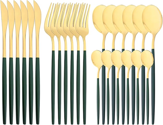 Mirror Cutlery Serving Set, 24-piece 18/0 Stainless Steel Silverware With Green Handle Simple & Modern Tableware For Home Party Restaurant Christmas Dinner, Service For 6 (Green Gold)