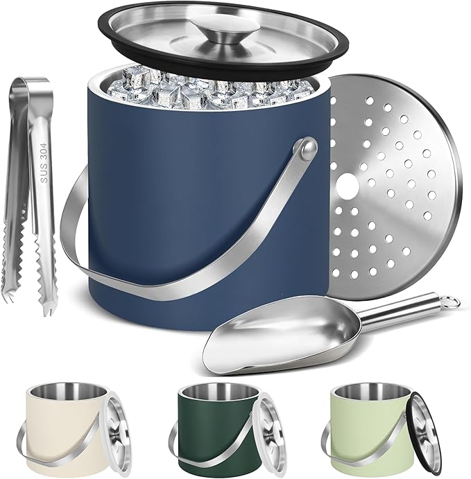 Ice Bucket, Ice Bucket with Silicone Sealing Ring Double-Wall Vacuum Insulation Champagne Buckets with Filter Layer Ice Tongs Ice Scoop (Navy Blue, 4 L)