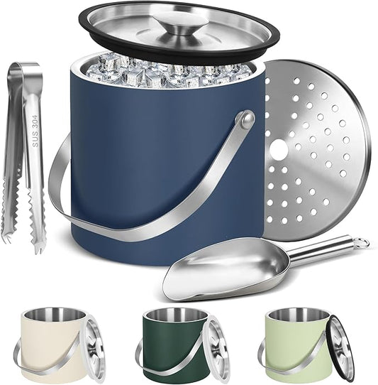 Ice Bucket, Ice Bucket with Silicone Sealing Ring Double-Wall Vacuum Insulation Champagne Buckets with Filter Layer Ice Tongs Ice Scoop (Navy Blue, 4 L)