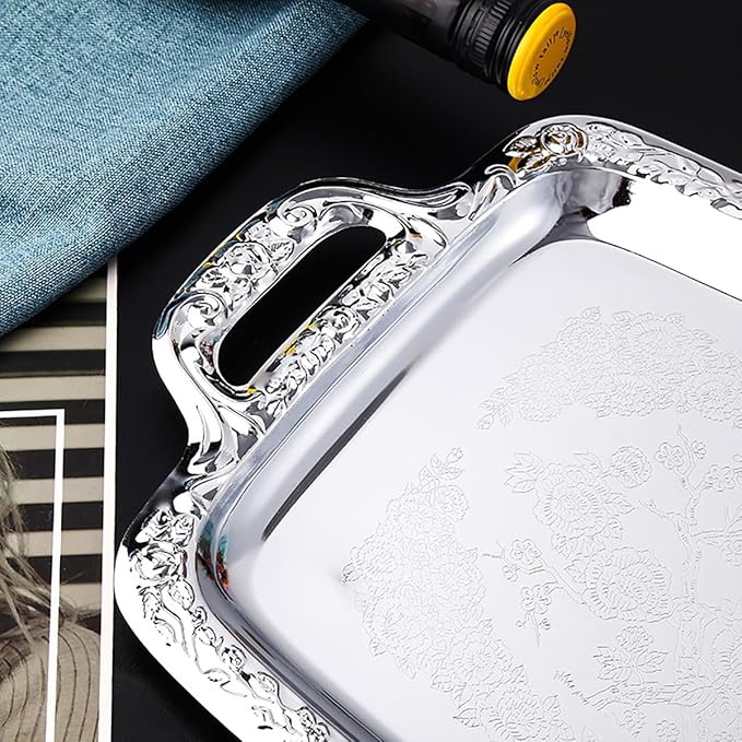 Simple Stainless Steel Tray with Silver Border Tabletop Snack Fruit Tray Rectangular Storage Tray,Silver