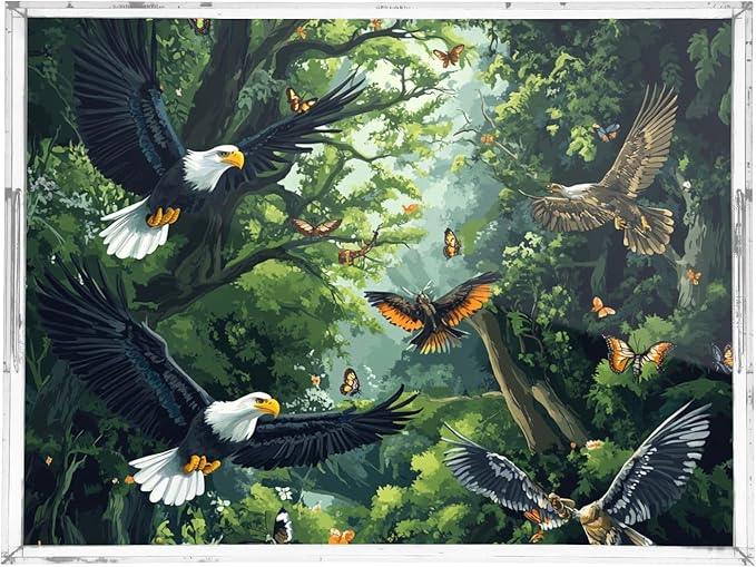 Serving Tray with Handles Clear Acrylic Tray 12x16 Inch Decorative Rectangular Tray Organizer for Ottoman Coffee Table Bathroom Bald Eagles and Forest Butterflies Bees