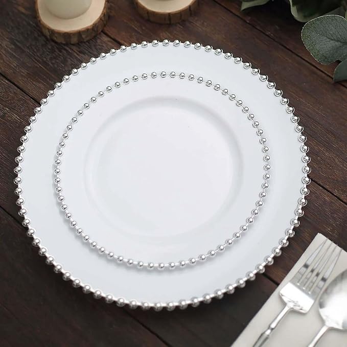 8" Salad Plates - Set of 30 - Plastic White/Silver Round Disposable Dessert Appetizer Plate Beaded Rim, Ideal for Dinner Party Wedding Bulk Events