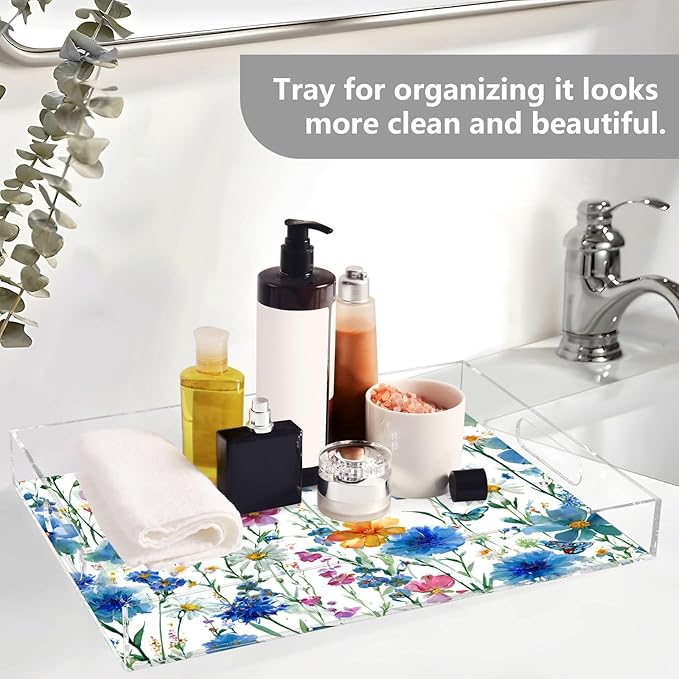 Serving Tray with Handles Clear Acrylic Tray 12x16 Inch Decorative Rectangular Tray Organizer for Ottoman Coffee Table Bathroom Watercolor Cornflower Daisy