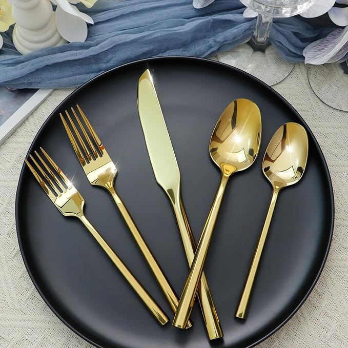Gold Silverware Set 20-Piece Stainless Steel Mirror Polishing Golden Cutlery, Hand Forged Thick Hexagon Handle Flatware Sets, Wedding Housewarming Gift Service for 4