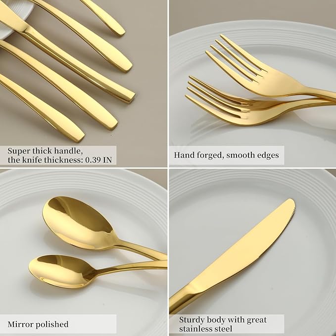 Gold 60 Piece Silverware Set,Stainless Steel Flatware Set for 12,18/0 Rust-Proof Cutlery Set with Forks & Spoons,Mirror Polished Dishwasher Safe - Heavy Duty Tableware for Home & Dining