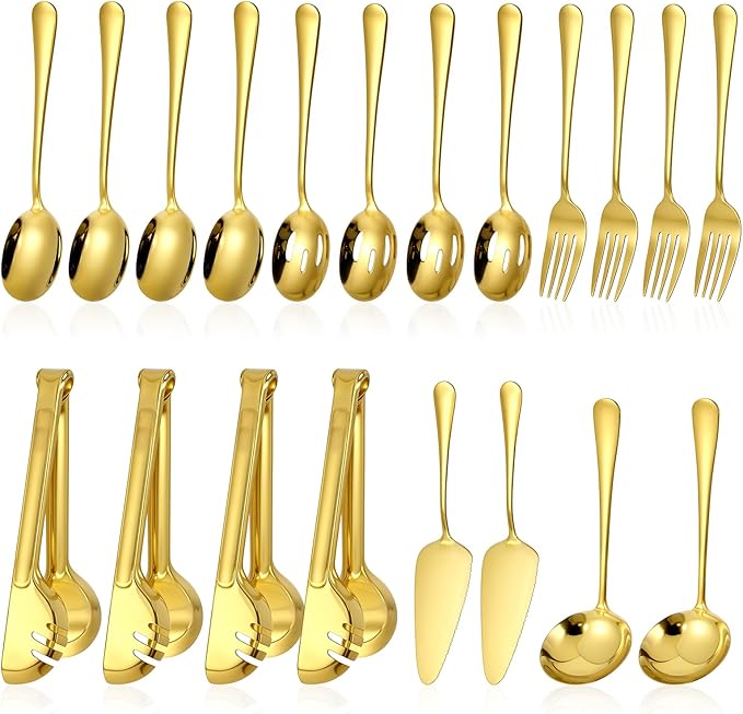 20 Pcs Gold Serving Utensils, Stainless Steel Serving Utensil Set Included Spoons Forks Tongs Slotted Spoon Ladle Cake Server for Kitchen Catering Banquet Wedding Buffet Party