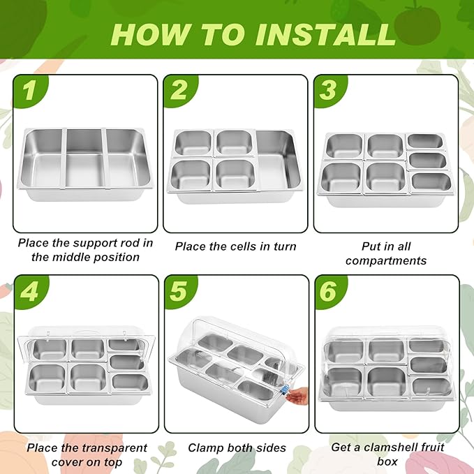 Tessco for you 16 Pcs Ice Food Spice Serving Display Countertop Chilled Condiment Container Set with Lid, Stainless Steel Salad Cold Caddy for Buffet Restaurant Kitchen Party(7 Compartments)
