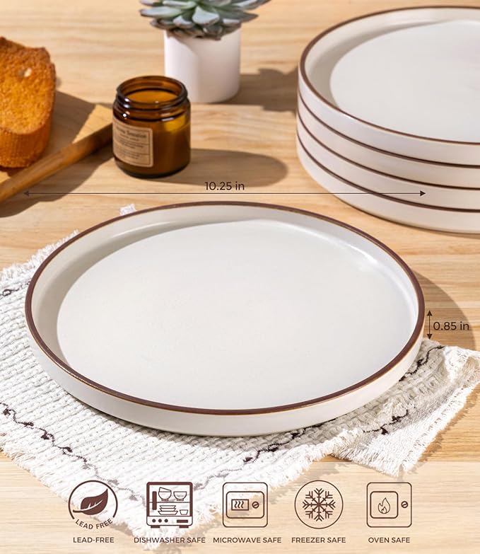 LERATIO Dinner Plates,10.25 Inch Ceramic Flat Plates Set of 6,High Edge Modern plates for Kitchen,Microwave & Dishwasher & Oven Safe, Scratch Resistant Dishes Set-White with Rim