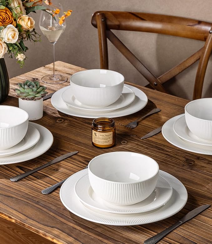 TheTerra Stoneware Dinnerware Sets for 6, 18 Pieces Ceramic Plates and Bowls Sets, Scratch Resistant Embossed Dish Set, Oven, Microwave & Dishwasher Safe, Bright White