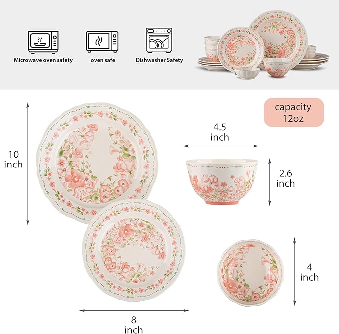 16 Piece Dinnerware Sets for 4， Scratch Resistant,microwave oven and Dishwasher Safe Plates and Bowls Sets Ceramic, Dish Set, Bowl and Plate Set -Pink peach blossom pattern