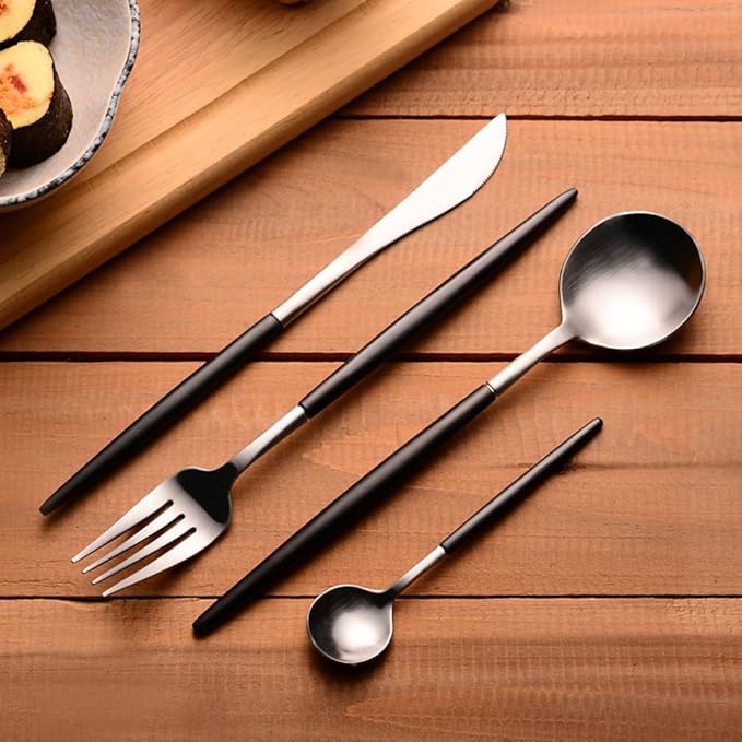 Lots 4pcs 304 Stainless Steel Tableware Dinner Spoon Fork Knife Flatware Serving Sets Spoons Forks Knives，Black + Gold-4