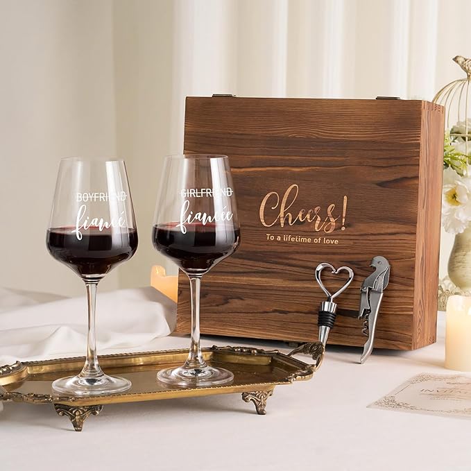 AW BRIDAL Engagement Gifts for Couples Wine Glasses Set, 2025 Fiance Gifts for Women and Newlyweds, Couple Gift for Mr Mrs and Bride to Be, Beer Mug with Wine Stopper for Wedding Engagement Party