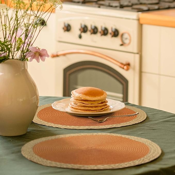 Noctiflorous Round Placemats Set of 4, 15 Inch Braided Hand Woven Table Mats, Heat Resistant Non-Slip Wipeable Wide Edge Place Mats for Kitchen Dining Indoor Outdoor Use(Orange, 4)