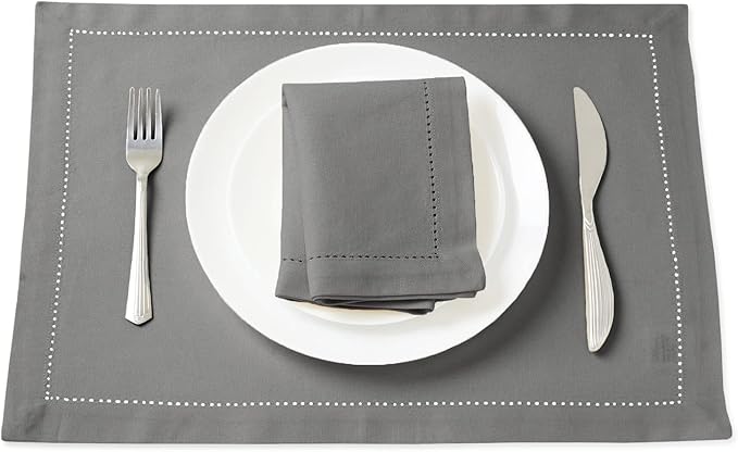 Encasa Homes 100% Pure Cotton Hemstitched Dining Table Placemats of Size 19 x 13 inch (Rectangular) - Grey - Set of 4 | Perfect for Party, Home, Cafes, Restaurant & Hotels - Machine Washable