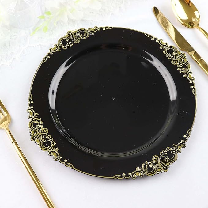 10" Dinner Plates -Set of 10 - Plastic Black Round Baroque Disposable Chargers Leaf Embossed Rim, Ideal for Dinner Party Wedding Bulk Events