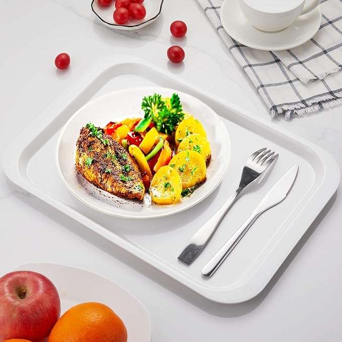 Melamine Serving Trays White 15x10.6 Inch Rectangle Cafeteria Fast Food Trays Breakfast Lunch Dinner Trays for Eating Set of 6,PFW-15106-06