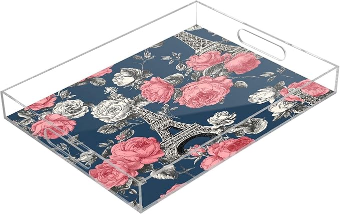 Serving Tray with Handles Clear Acrylic Tray 12x16 Inch Decorative Rectangular Tray Organizer for Ottoman Coffee Table Bathroom Blue French Eiffel Tower and Roses