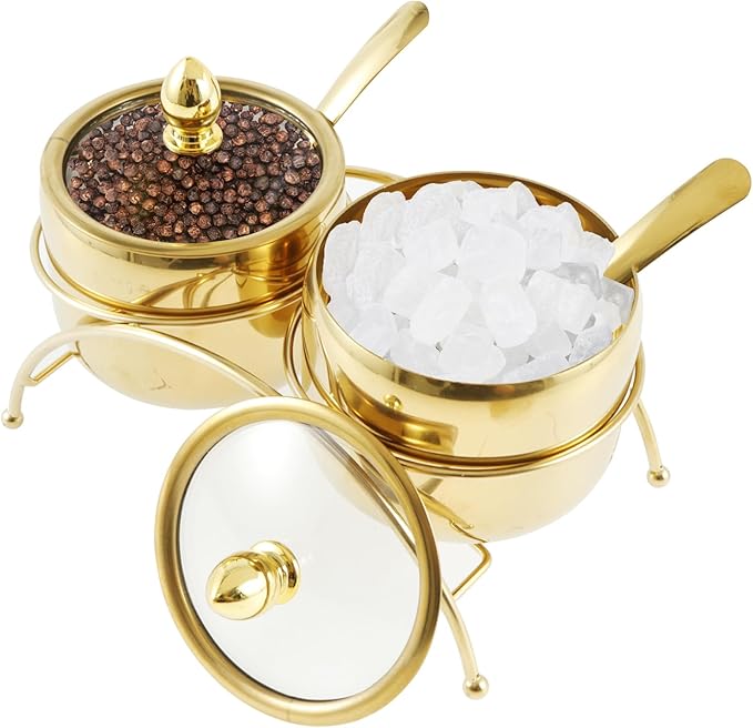 Stainless Steel Sugar Bowl Set with Clear Glass Lid Bracket Rustproof Seasoning Box Smooth Condiment Pots Compact Sugar Container Reusable Seasoning Jar Spice Container for Salt Candy QQIKUUF(golden)
